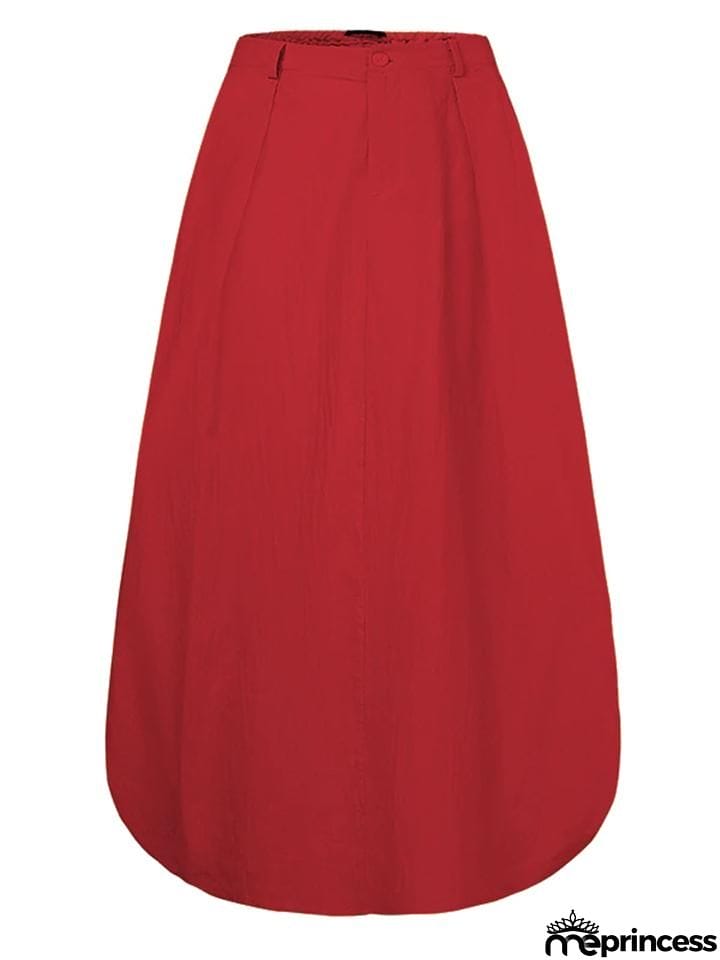 Retro Style Elastic Waist Button Zipper Pocket Flare Maxi Skirt