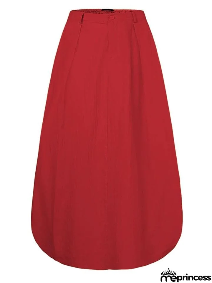 Retro Style Elastic Waist Button Zipper Pocket Flare Maxi Skirt