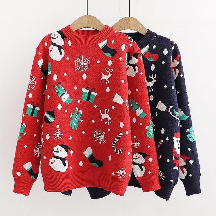 Christmas Snowman Sweater Round Neck Knitted - Modakawa Modakawa