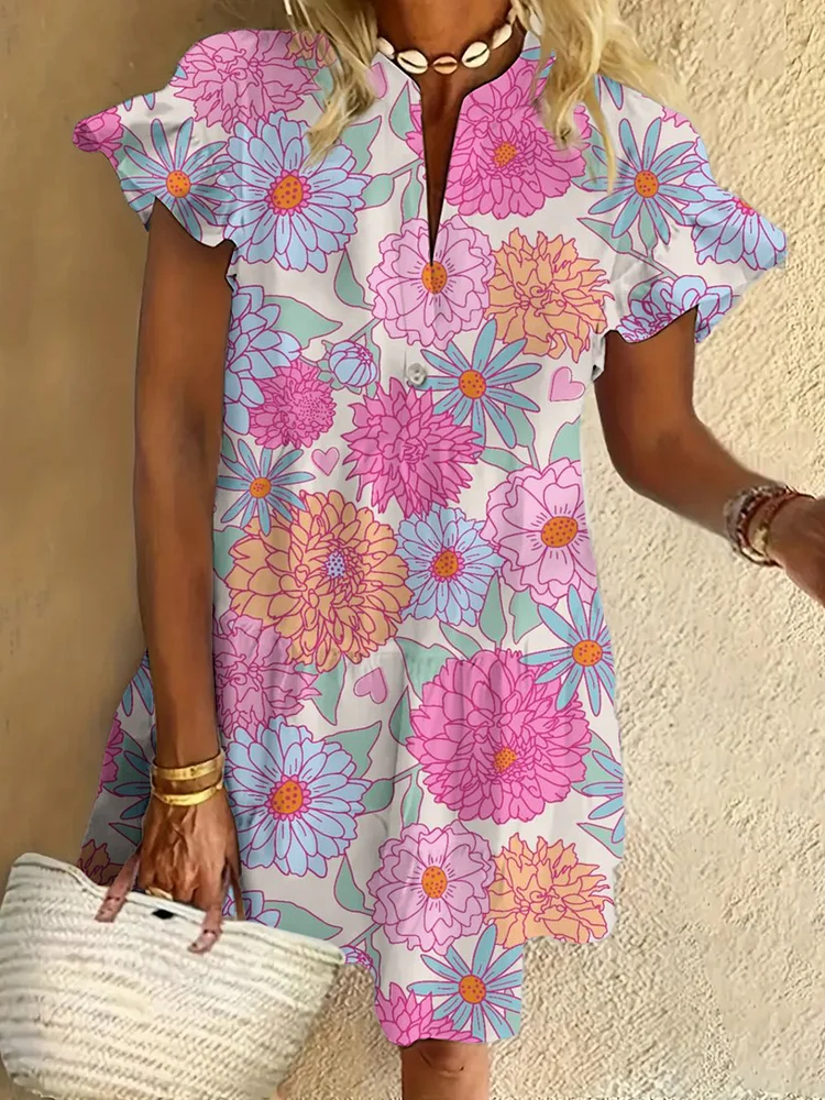 Flower Ruffled Short-sleeved V-neck Buttoned Dress Vacation Beach Dress