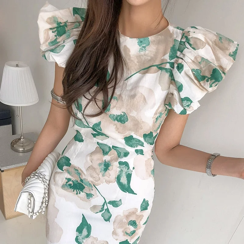 Women Sexy Puff Sleeve Office Lady Vestidos Summer Elegant Slim Waist Female Print Dresses