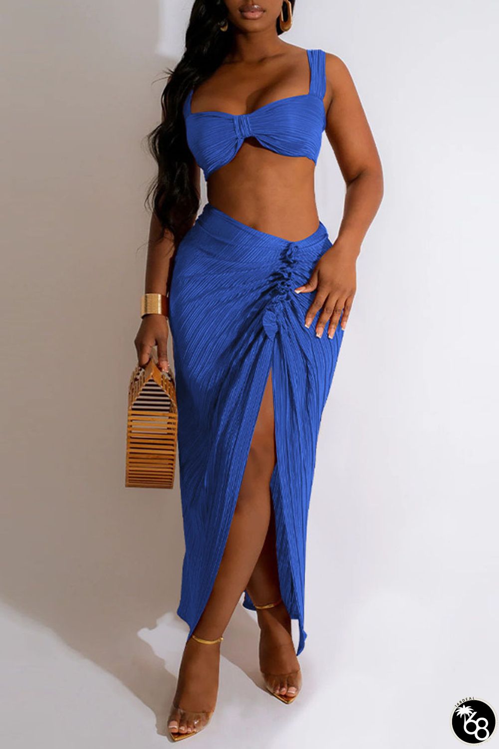 Blue Sexy Solid Patchwork Fold Asymmetrical Spaghetti Strap Sleeveless Two Pieces | 168DEAL