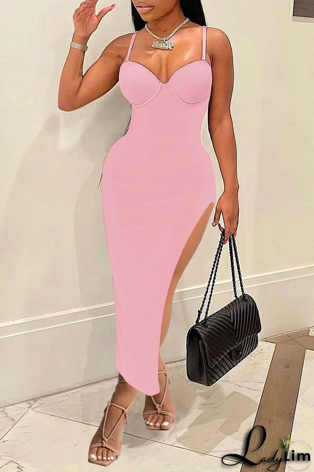 Black Sexy Solid Split Joint Slit Spaghetti Strap Sling Dress Dresses