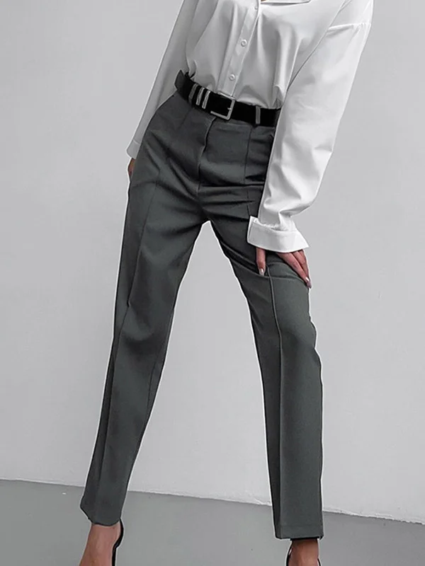 Split-Joint Solid Color Pleated High Waisted Trousers Suit Pants