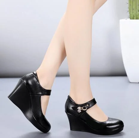 GKTINOO 2022 Spring Autumn Genuine Leather Women's Fashion High Heels Pumps Wedges Black Color Female Platform Shoes Large size