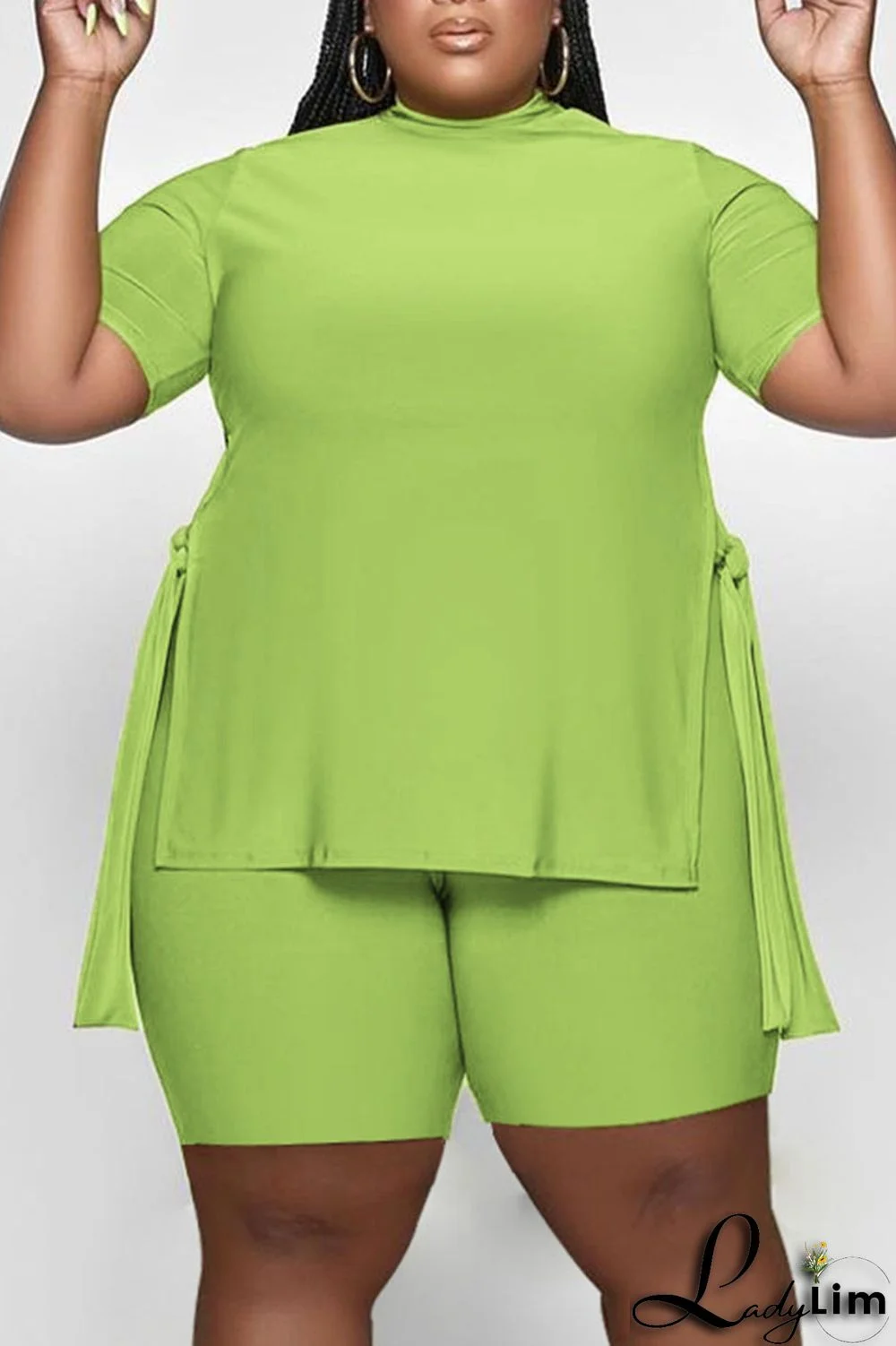 Green Casual Solid Split Joint Slit O Neck Plus Size Two Pieces