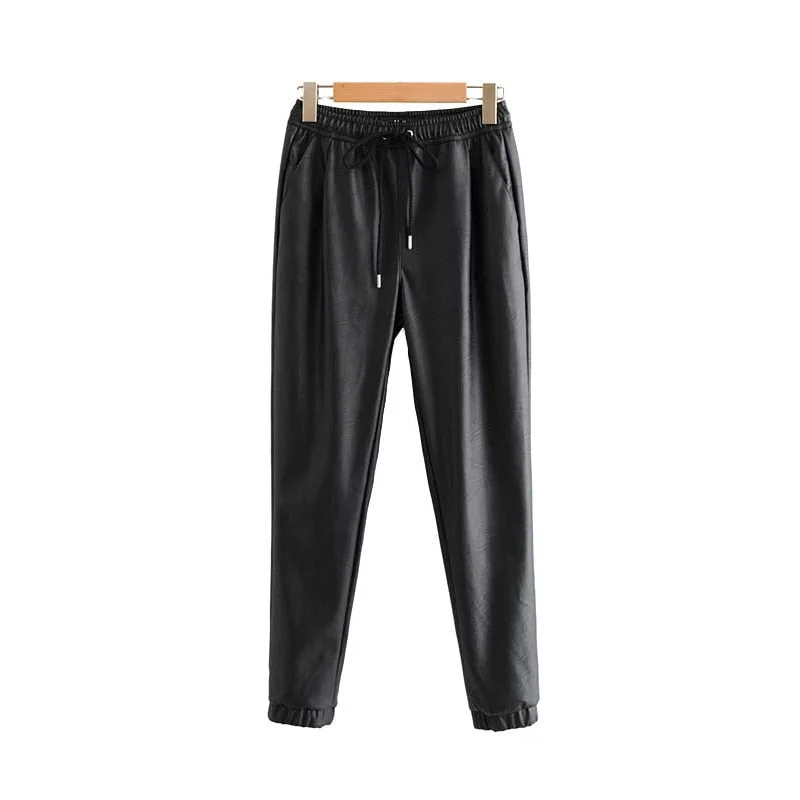 Vintage Stylish Pu Leather Pockets Pants Women 2020 Fashion Elastic Waist Drawstring Tie Ankle Trousers Pantalones Mujer