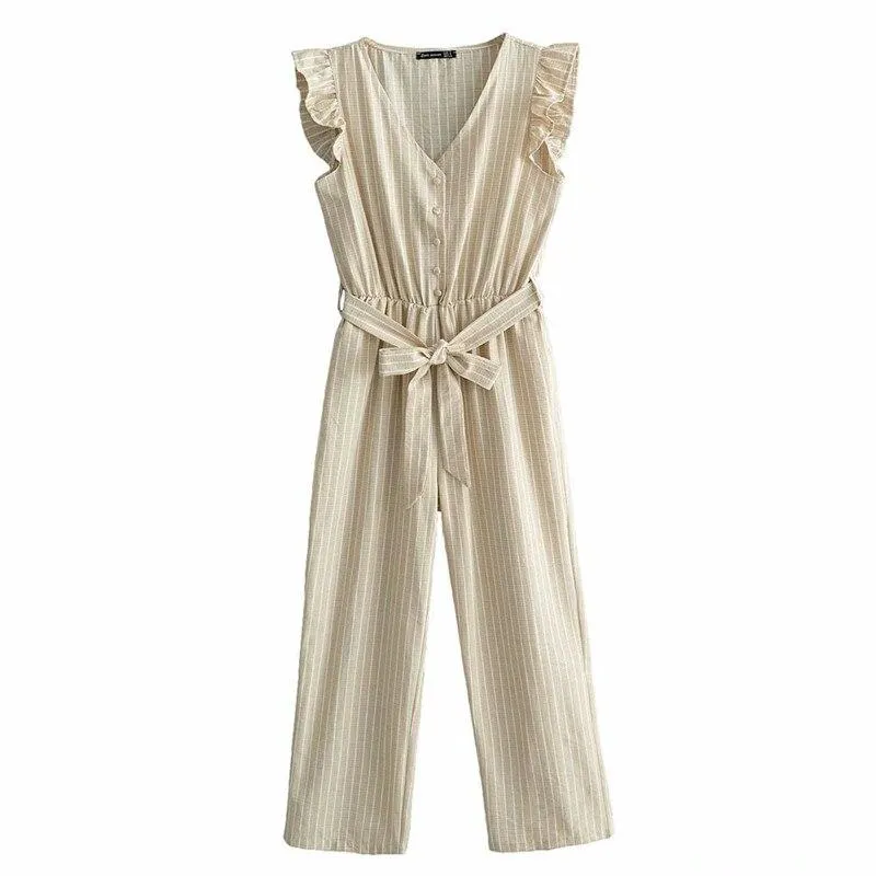 PUWD Casual Women V Neck Stripe Jumpsuits 2021 Summer Fashion Ladies Ruffles Beach Rompers Female High Waisted Lacing Jumpsuit