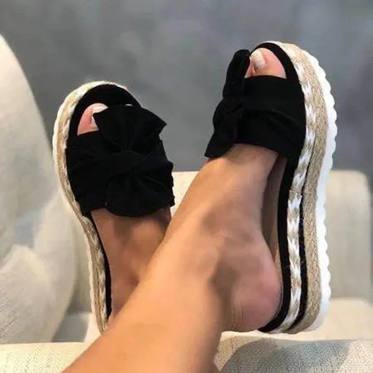 Breakj Breakj New Bow One Word Thick Bottom Slope And Hemp Rope Large Size Women Sandals Quality Assurance
