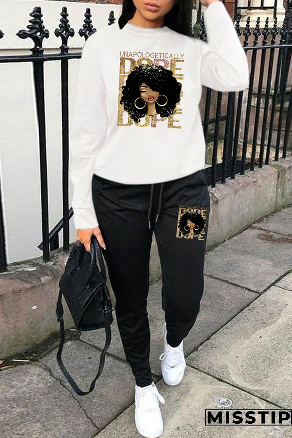 Black And White Casual Print Basic O Neck Long Sleeve Two Pieces