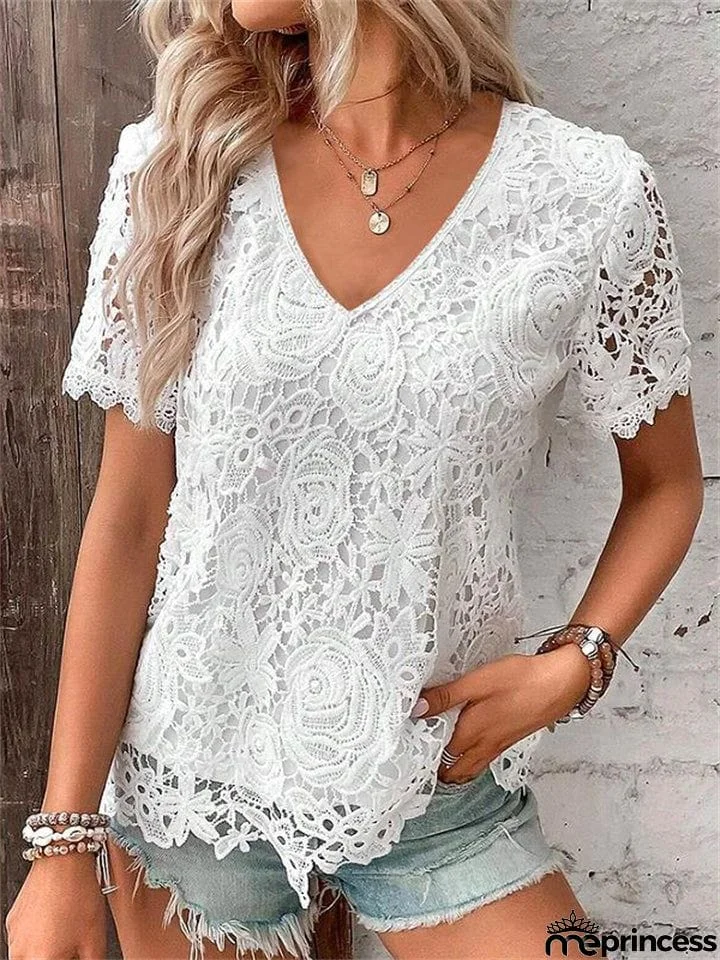 Women's Sweet Rose Lace Hollow Out V Neck Short Sleeve Tops