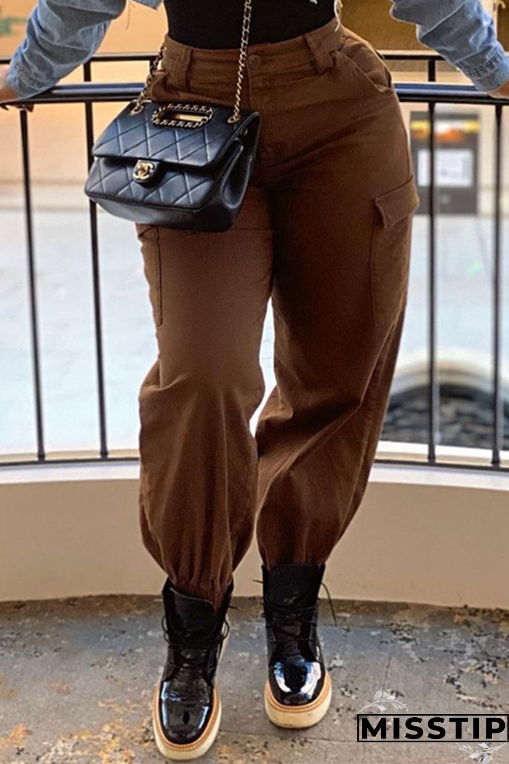 Brown Fashion Casual Solid Basic Regular Trousers