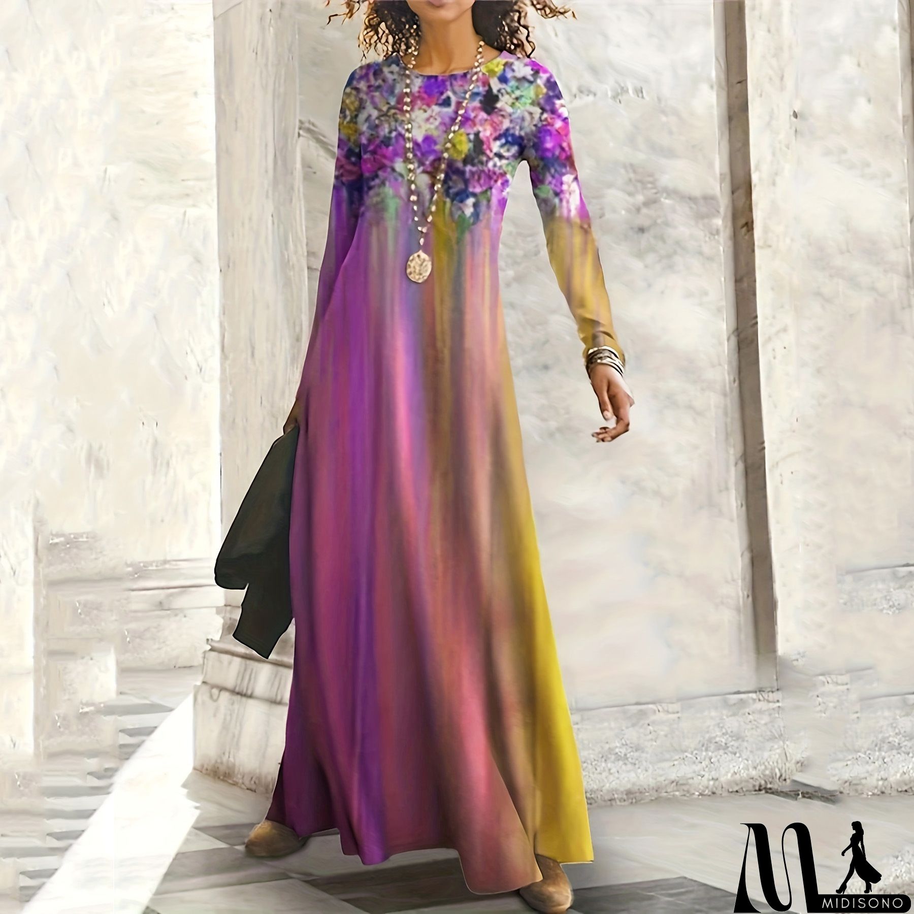 MidiSono - Women Fashion Casual Floral Printing Long Sleeve Maxi Dress