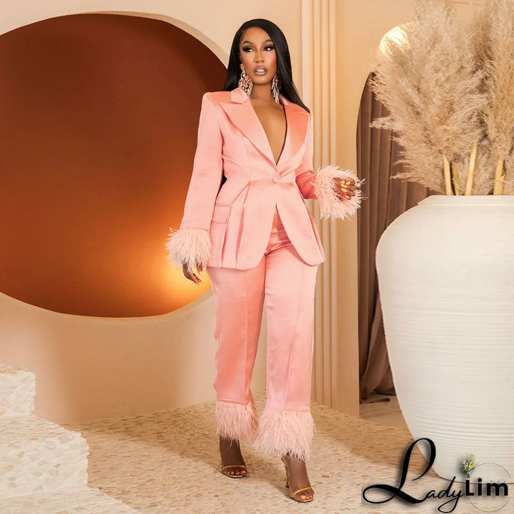 Women's Fashion Two-piece Blazer and Pants Suits with Feather