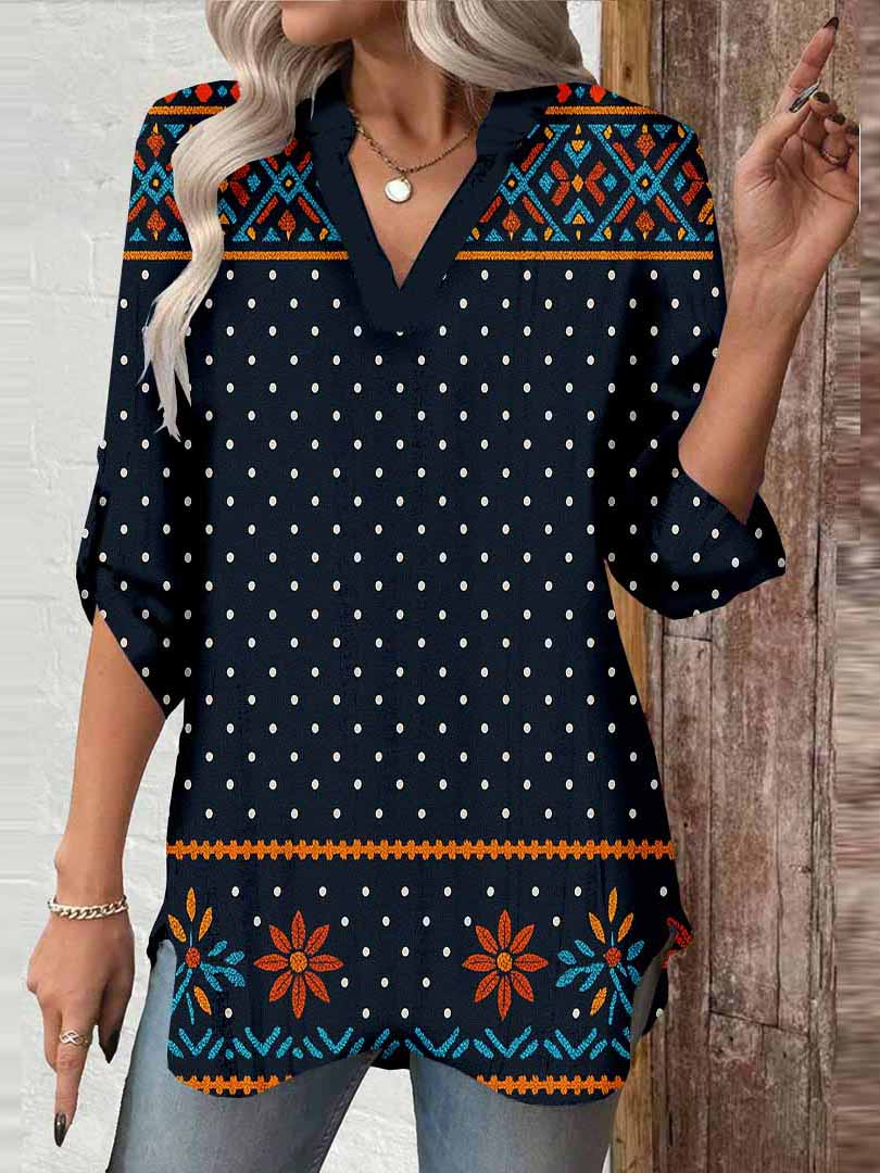 Women Polka-Dot,Red,Black DZGA0305 3/4 Sleeve V-neck Printed Graphic Button Tops