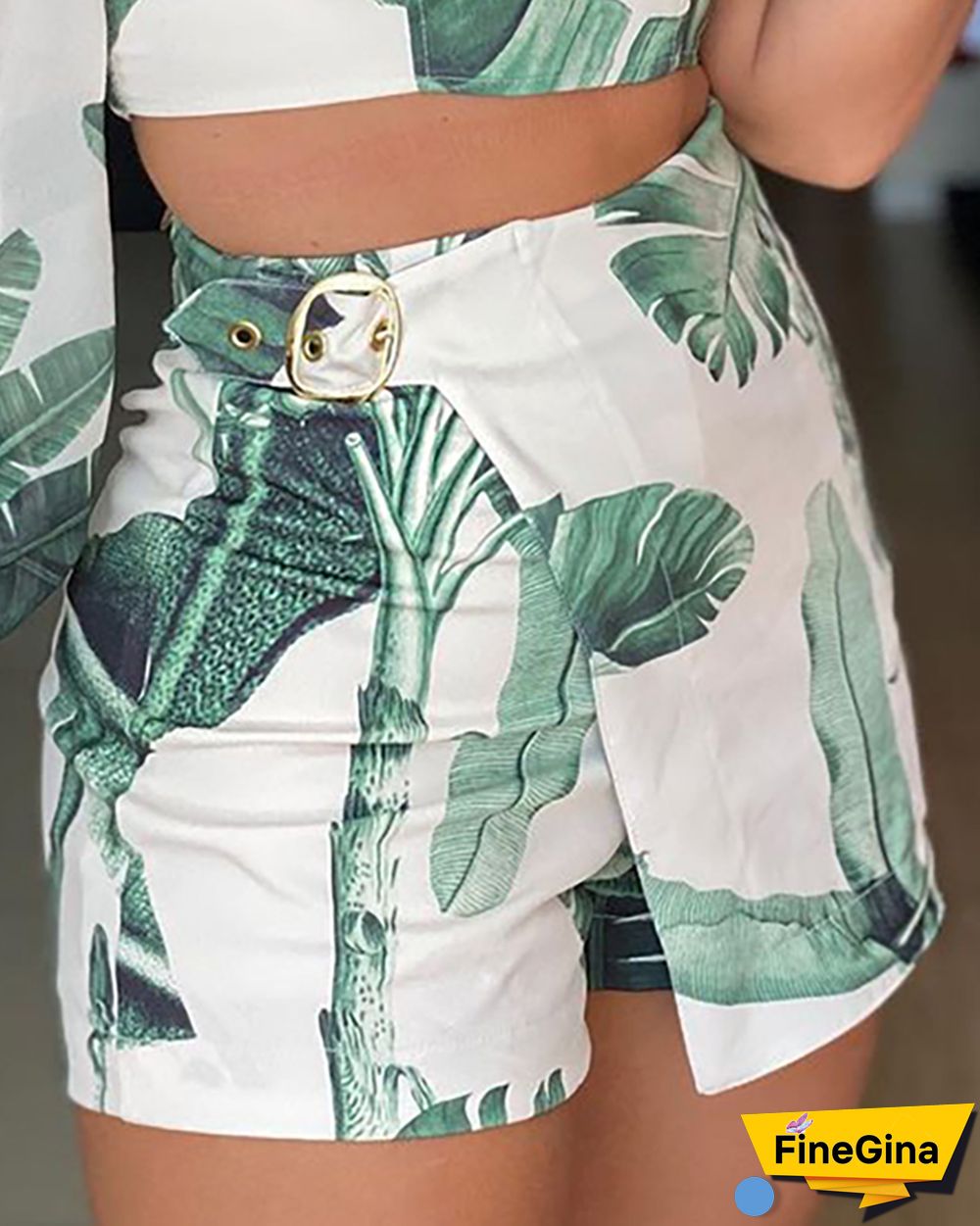 New Women's Summer Tropical Print Long-sleeved Blouse And Skirt Suit, Casual Leaf Design, Asymmetrical Tight-fitting 2-piec