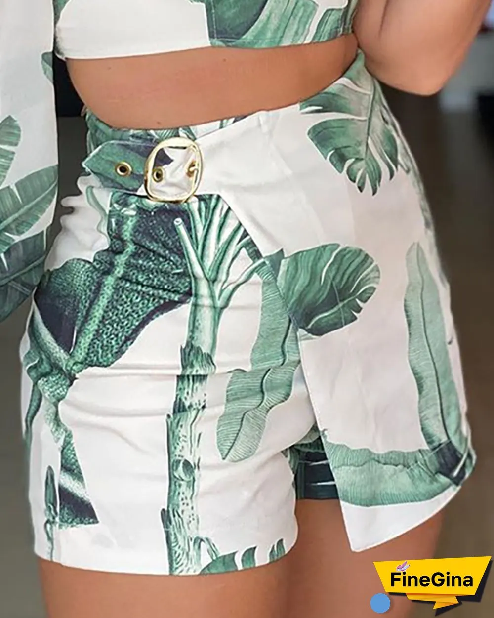 New Women's Summer Tropical Print Long-sleeved Blouse And Skirt Suit, Casual Leaf Design, Asymmetrical Tight-fitting 2-piec