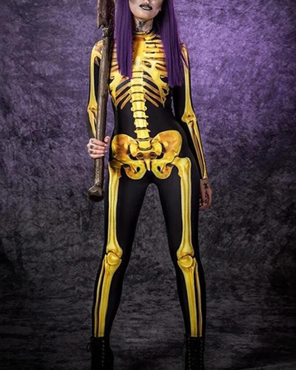 Halloween Costume Full Body Skull Printed Jumpsuit - Chicaggo