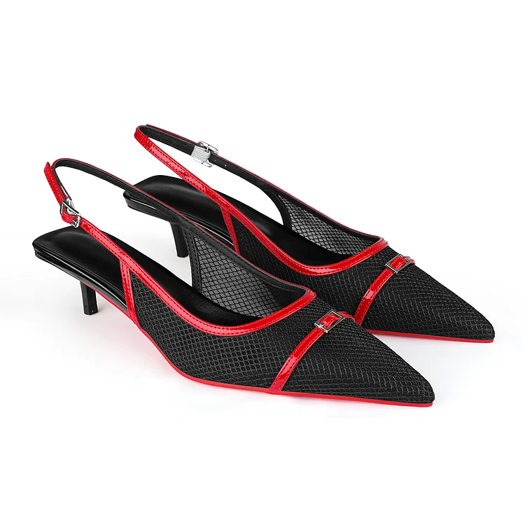 65mm Women's Pointed Toe Kitten Heel Ankle Buckle Pumps Mesh Patent Red Bottom Shoes VOCOSI VOCOSI
