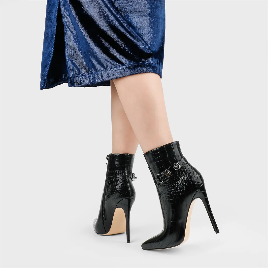 12cm/4.72 inch Pointed Toe Stiletto Crocodile Ankle Booties With Metal Buckle