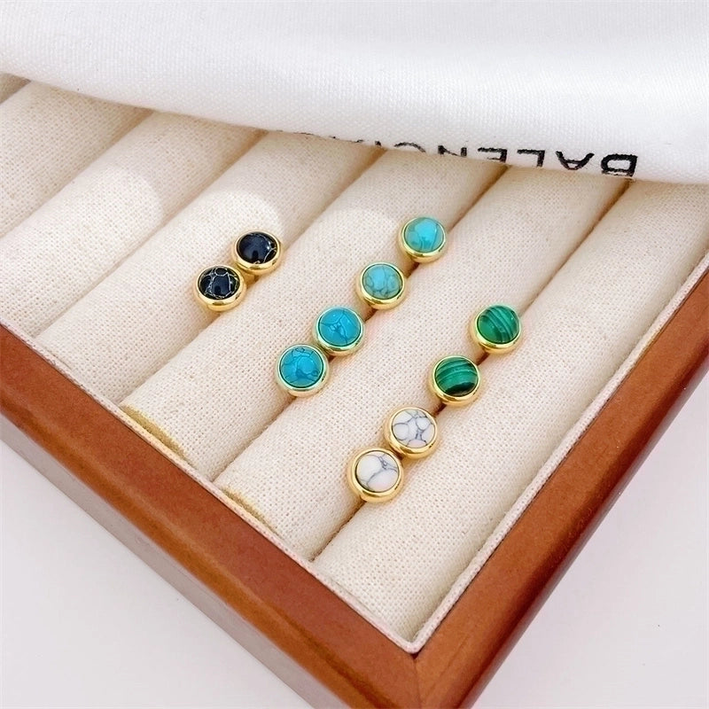 1 Pair Classic Style Round Texture Inlay 304 Stainless Steel Turquoise White Gold Plated Gold Plated Ear Studs