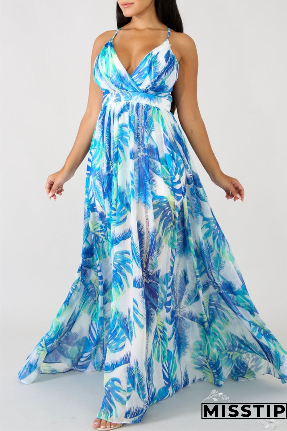 Pink Fashion Casual Print Backless V Neck Sling Dress
