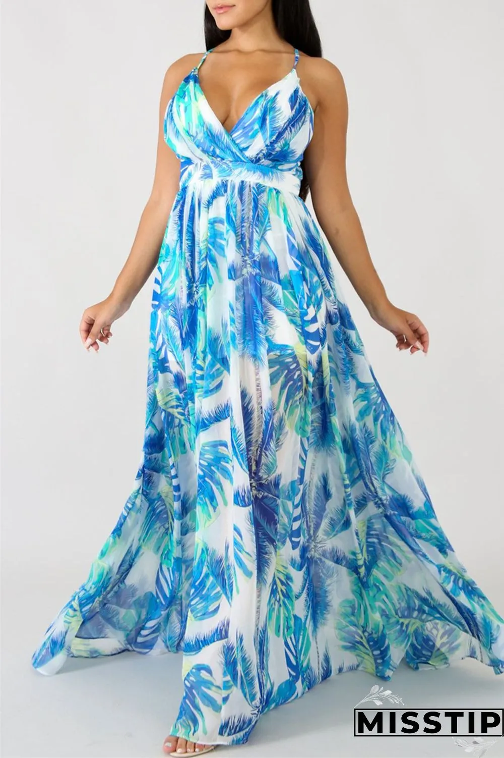 Pink Fashion Casual Print Backless V Neck Sling Dress