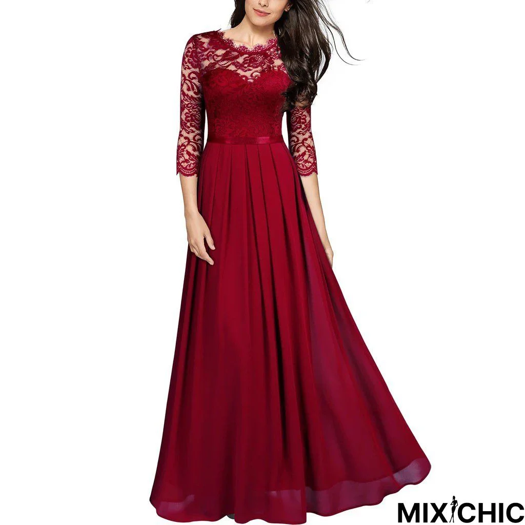 Medium-Long Sleeve Chiffon Dress Round Neck Stitching Lace Dress Evening Dress Black Dresses