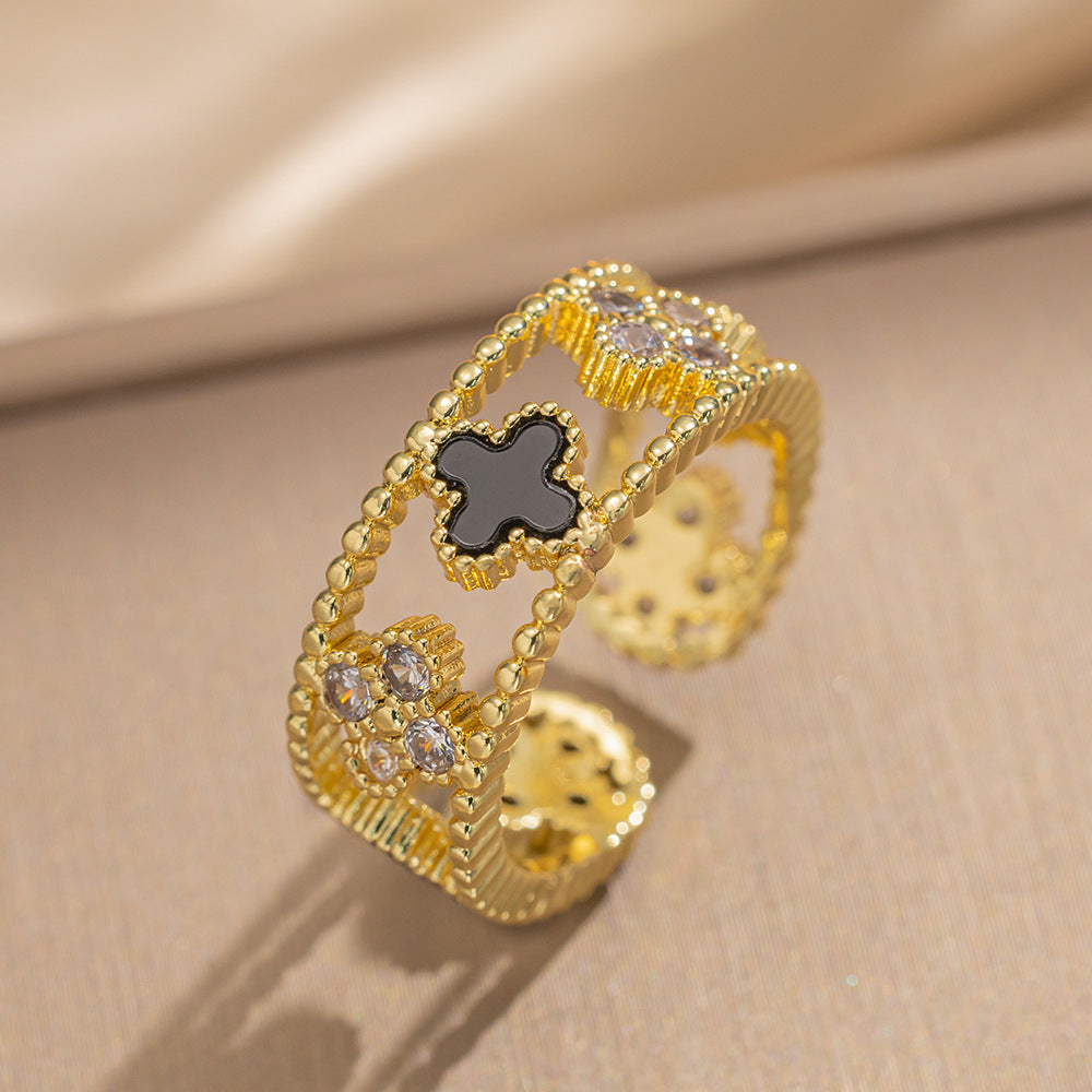 Ring Niche Four-Leaf Clover Zircon Ring Female Retro Open Adjustable Ring