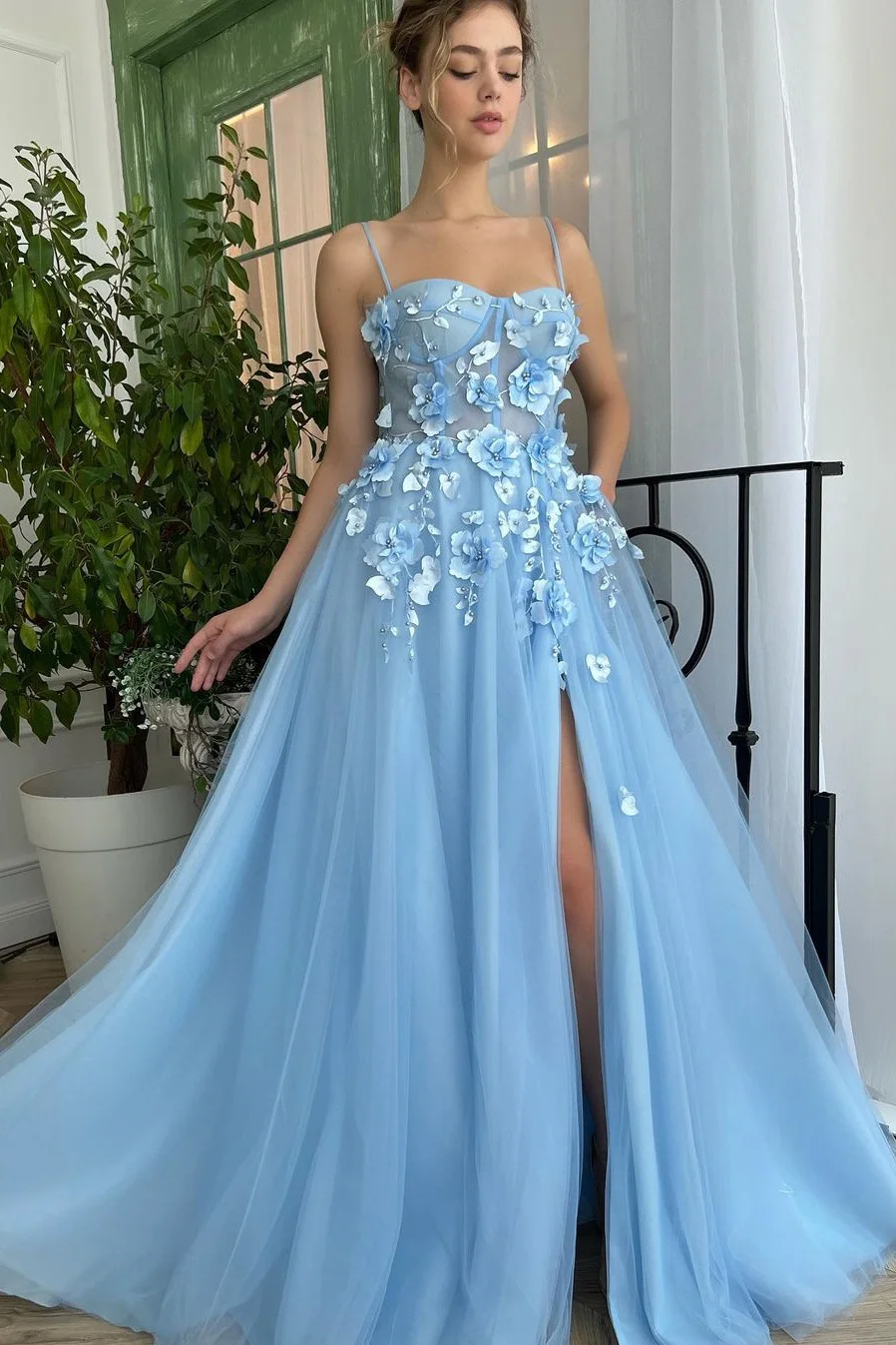 Bellasprom Spaghetti-Straps Sky Blue Prom Dresses Long Split With Flowers