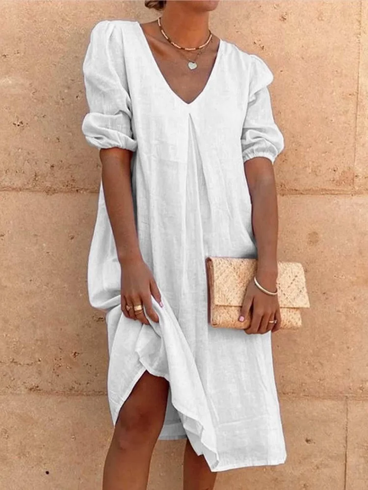 Solid V Neck Tight Cuff Cotton And Linen Dress