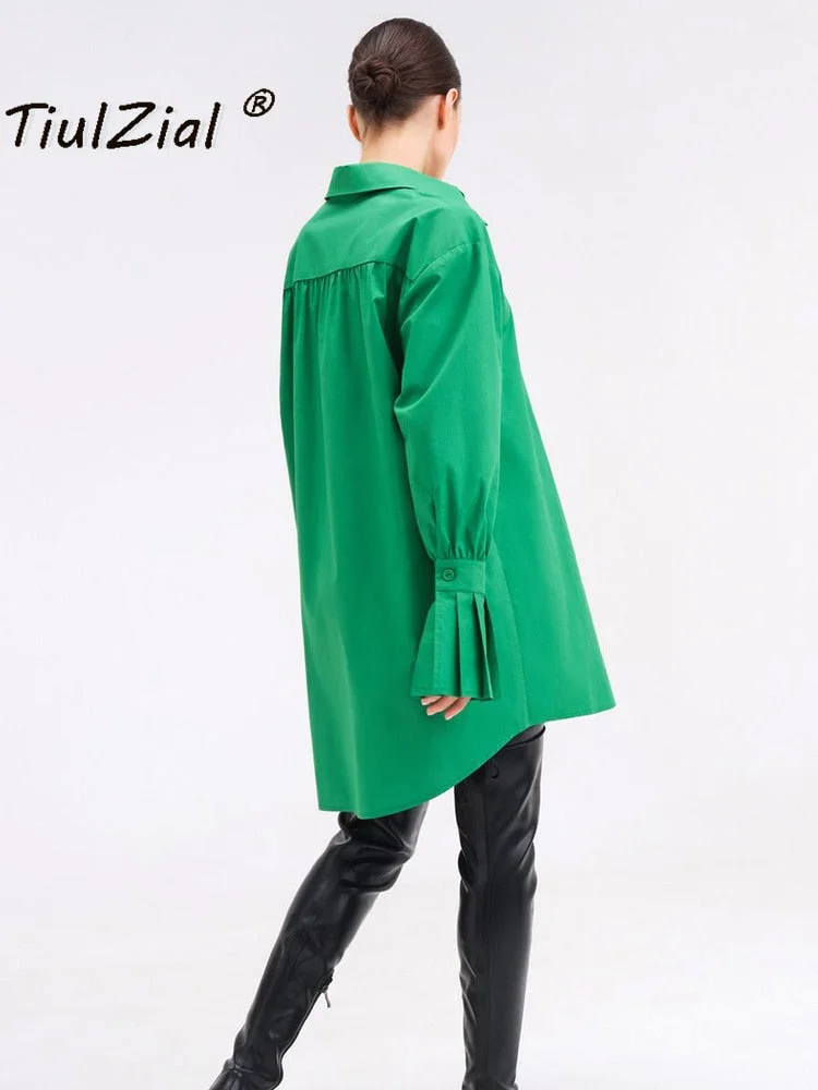 Vintage Green Oversized Shirt Blouse 2022 Pocket Casual Loose Long Blouse Plisse Sleeve Shirt Women Clothing Cotton