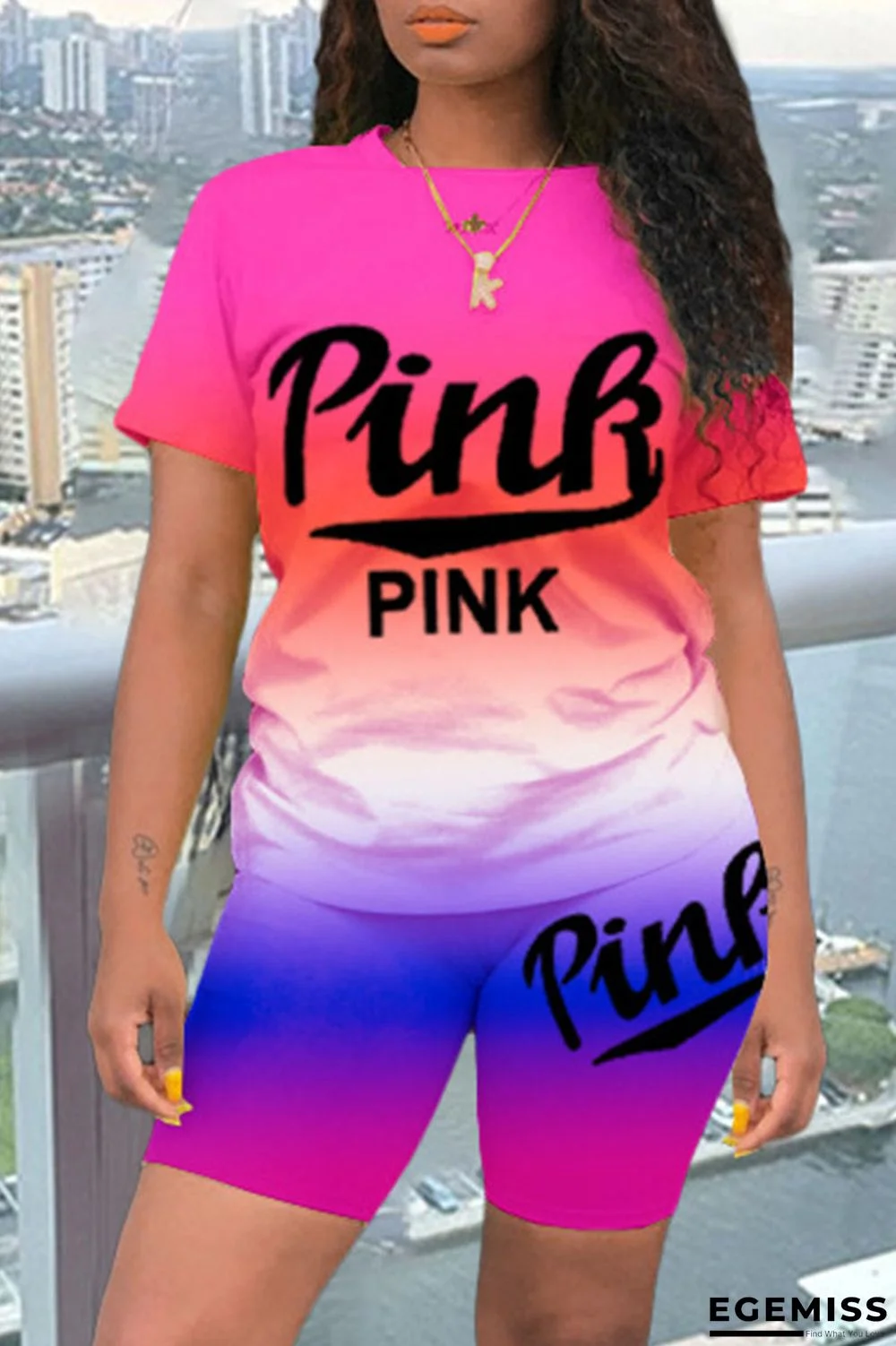 Rose Red Casual Gradual Change Letter Print Patchwork O Neck Short Sleeve Two Pieces | EGEMISS