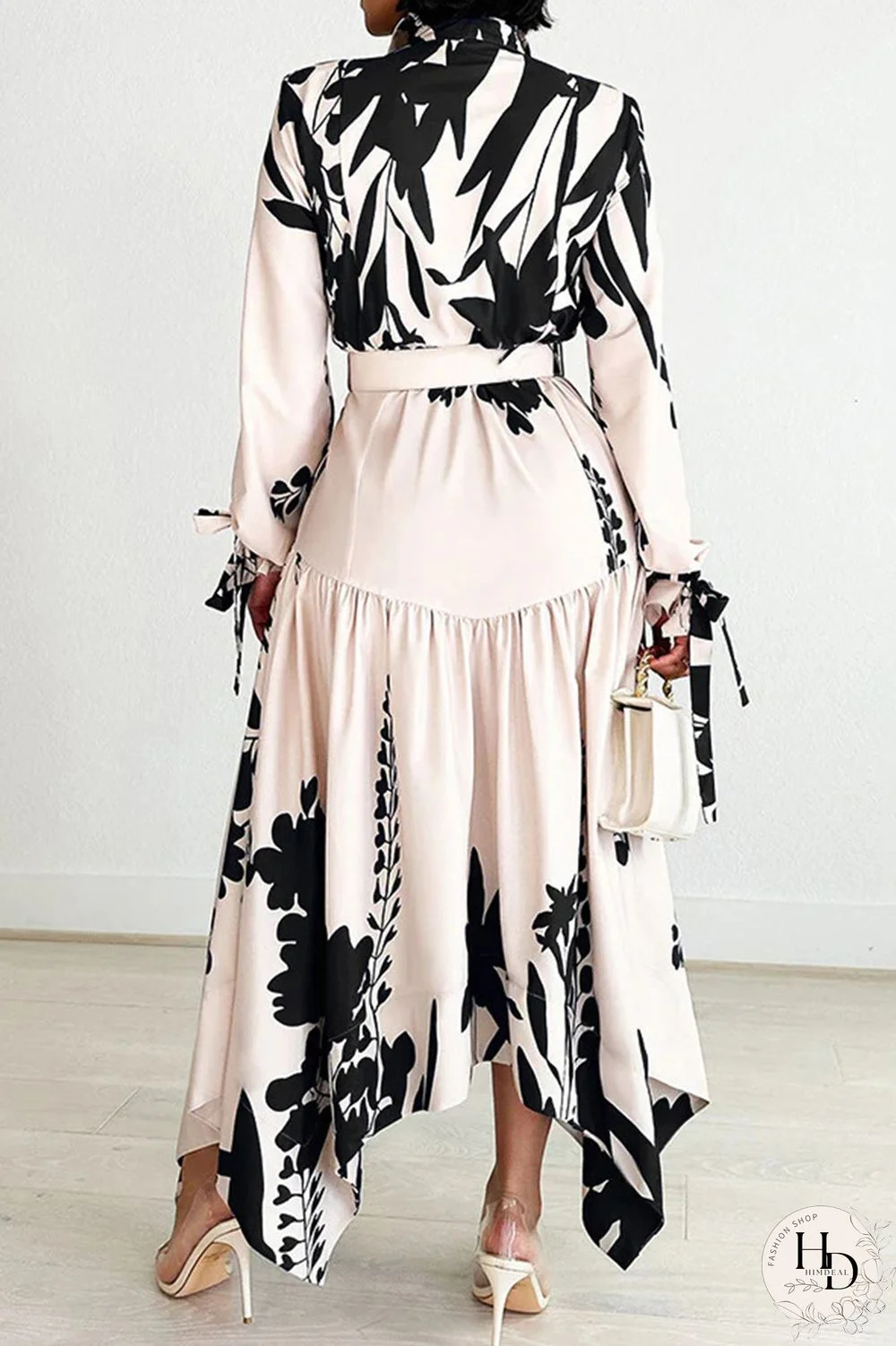 Elegant Print Patchwork With Belt Turndown Collar Irregular Dresses