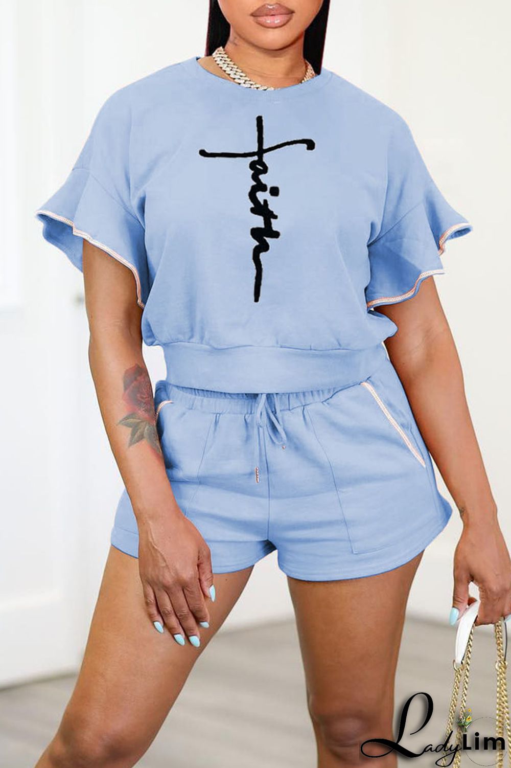 Blue Casual Print Split Joint O Neck Short Sleeve Two Pieces