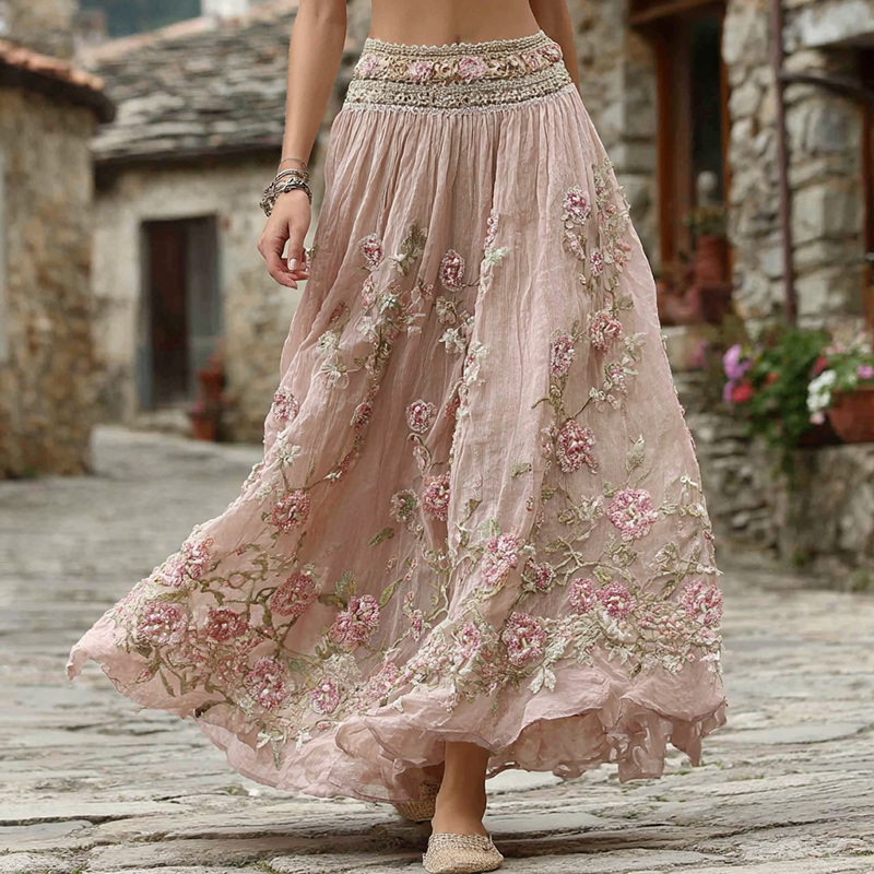 Women's Vintage Flower Embroidery Art Long Skirt wearshes