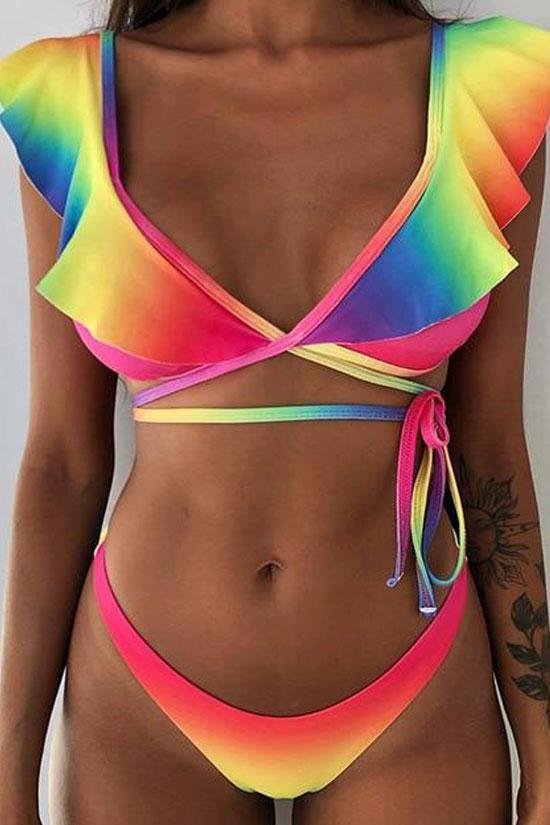 Rainbow Color Brazilian Cut Ruffle Tie String Bikini Swimsuit - Two Piece Set-elleschic