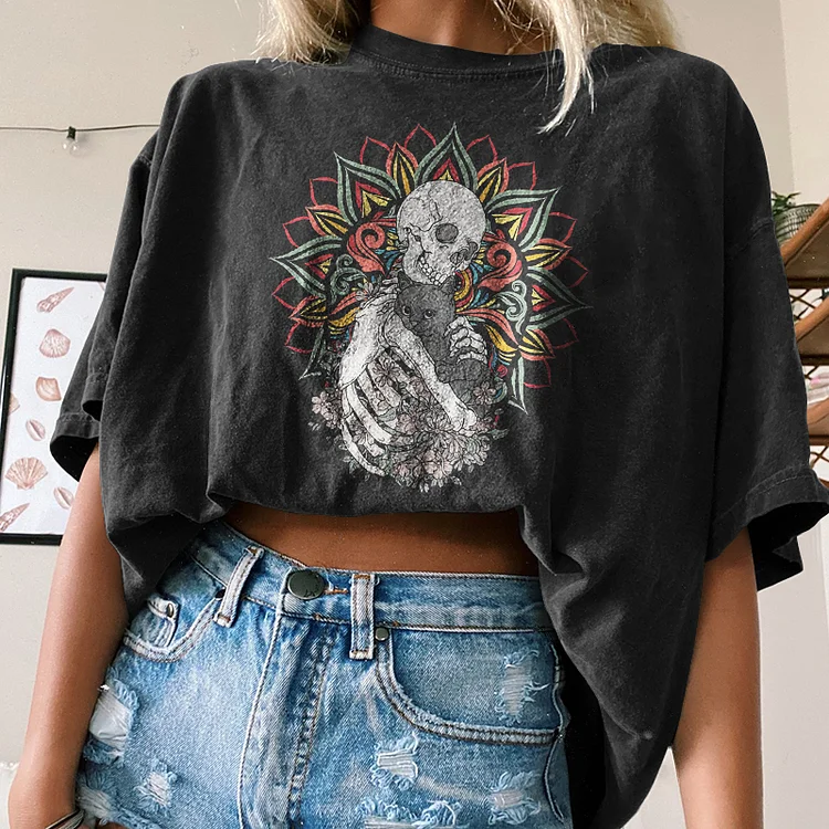 Vefave Skull Cat Print Short Sleeve T-Shirt
