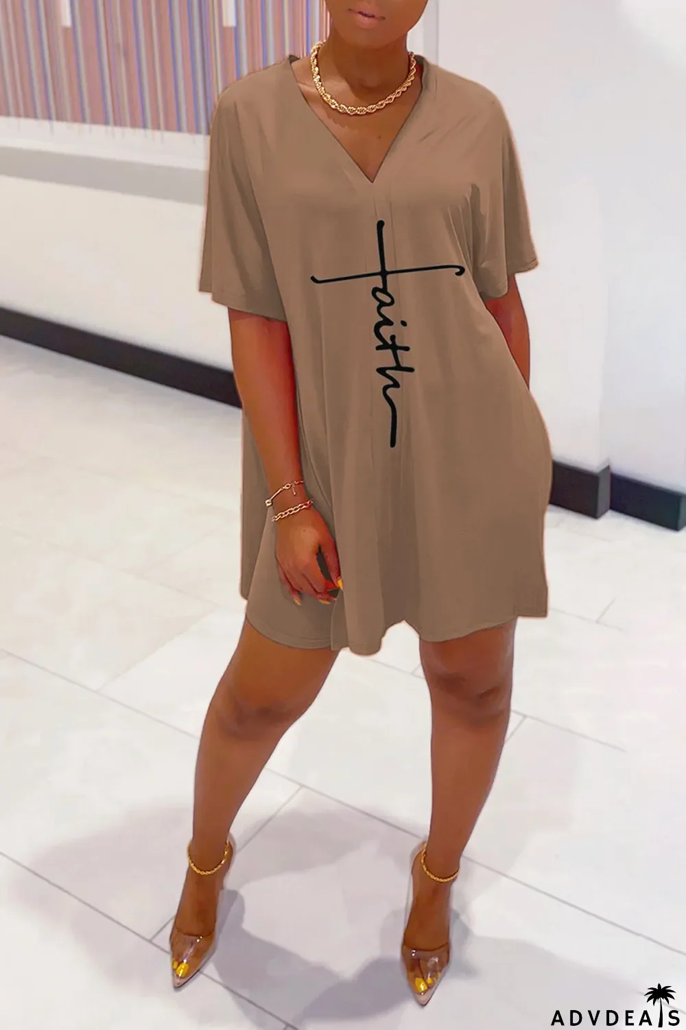 Tangerine Red Casual Print Split Joint V Neck Short Sleeve Two Pieces