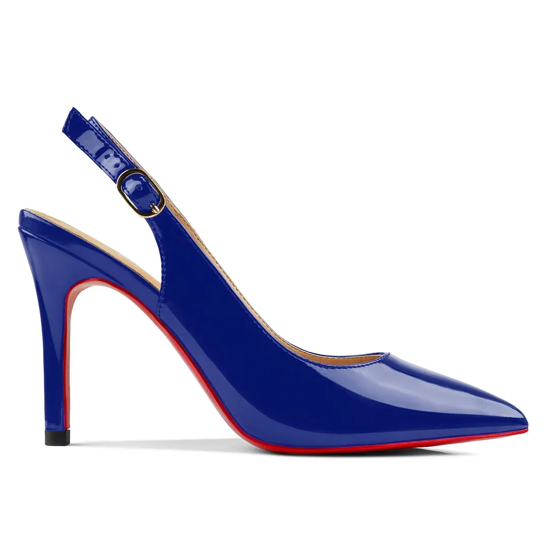 90mm Women's Pointed Toe Slingback Heels Red Bottoms Pumps Comfortable Dress Shoes-vocosishoes