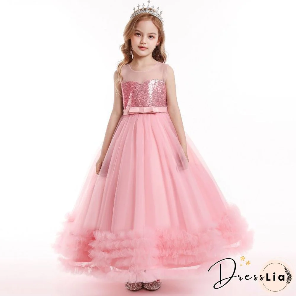 Children Pink Mesh Sequin Girls Cascade Ruffle Formal Prom Princess Ball Dresses