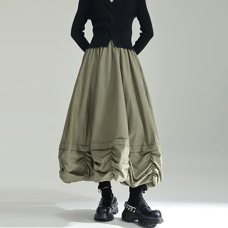 Loose Solid Color Pleated Elastic Waist Skirt