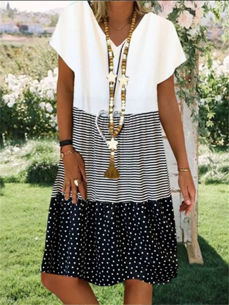 Women's Fashion Plus Size Casual Short Sleeve Loose Summer Print V-neck Dress