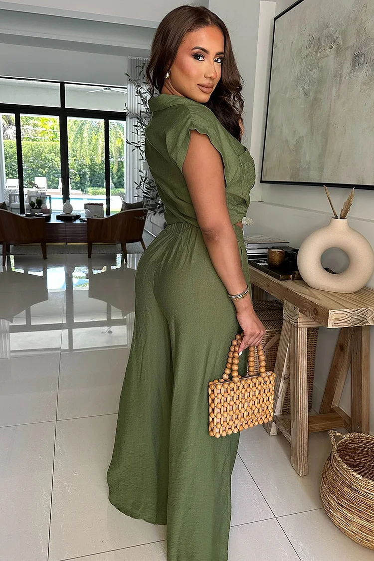 Cap Sleeve Ruched Hem Crop Blouse Wide Leg Pants 2pcs Set-Green [Pre Order]