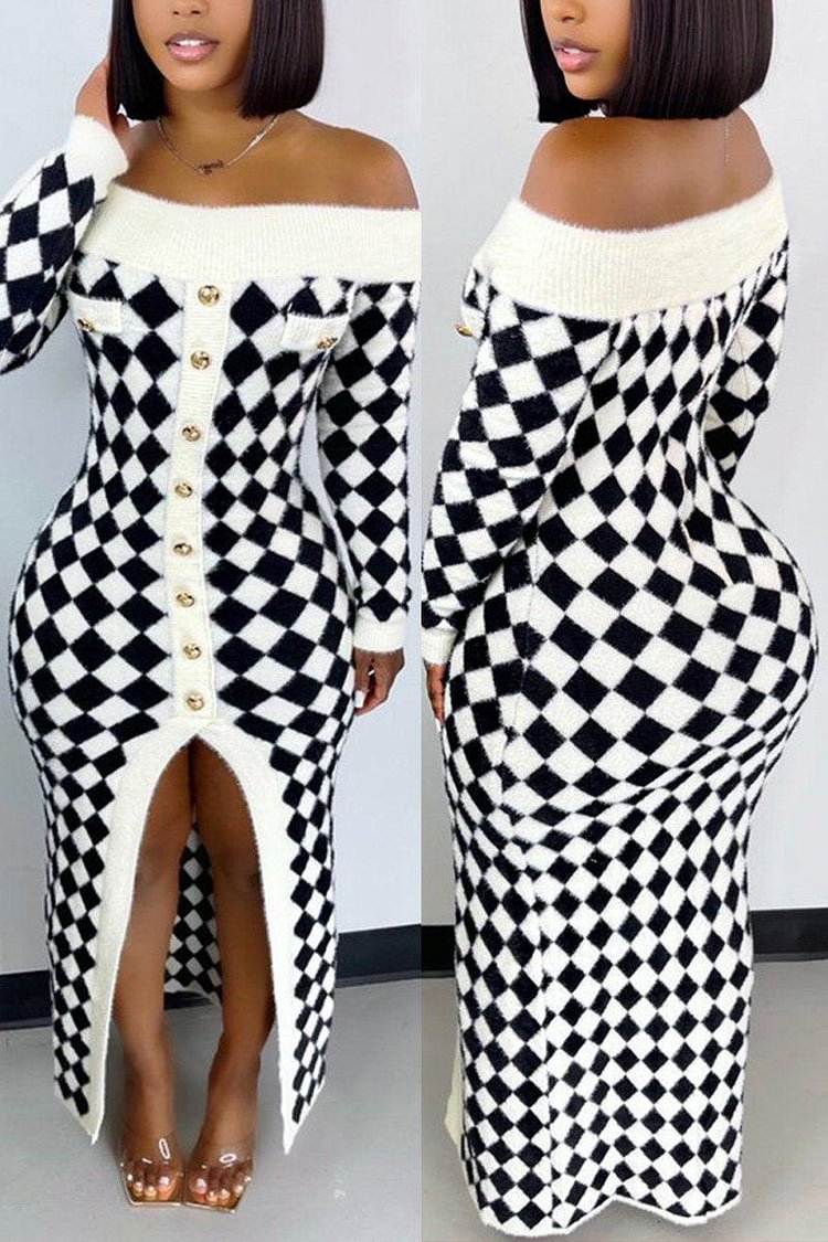 Xpluswear Plus  Size Off Shoulder Plaid Sweater Split Midi Dress