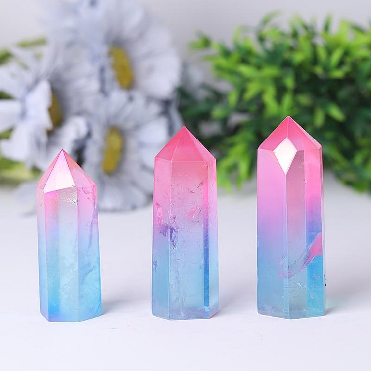 Pink and Blue Aura Clear Quartz Points Colorful Quartz Towers Points Bulk