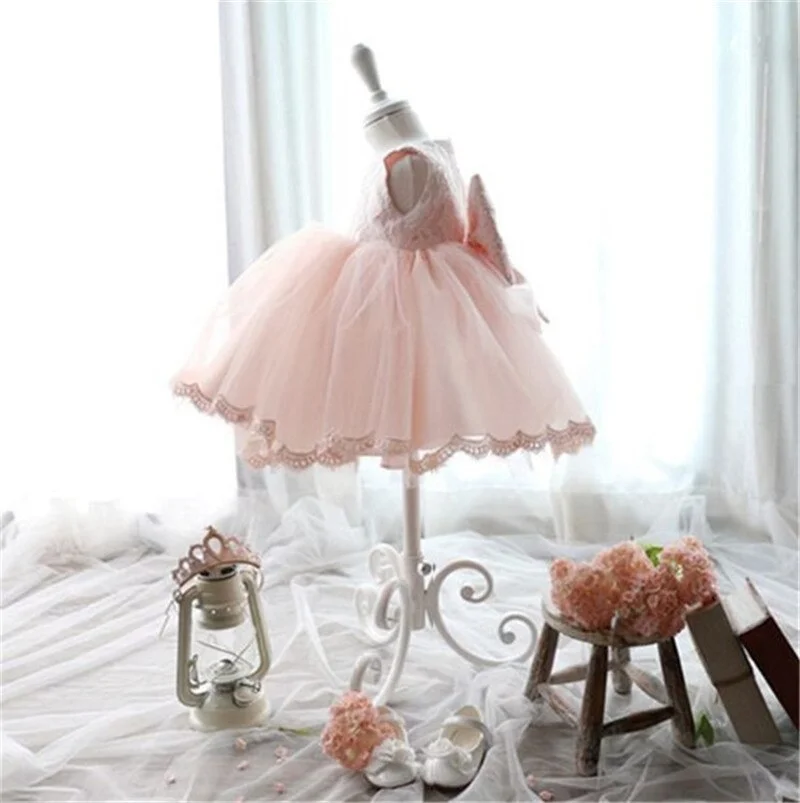 Uveng 2021 Infant Baby Girls Flower Dresses Christening Gowns Newborn Babies Baptism Clothes Princess tutu Birthday White Bow Dress