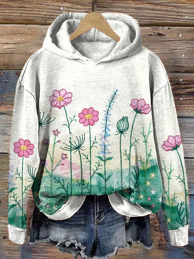 Floral Embroidery Pattern Cozy Hoodie