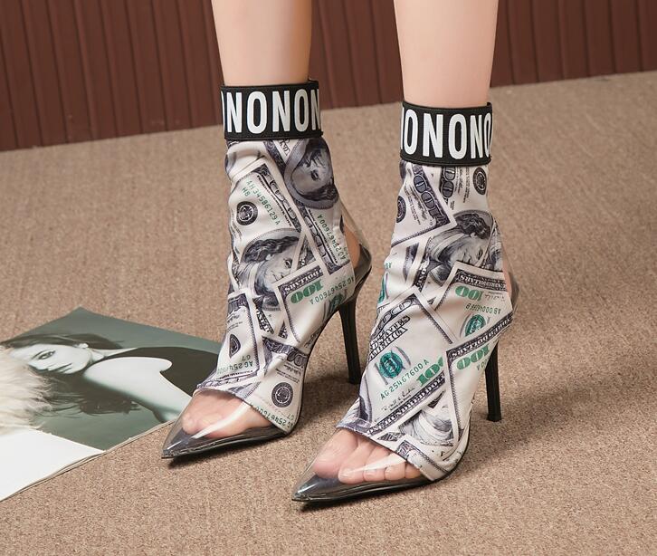 Dollar Print Women Short Sock Boots PVC Pointed Toe Ankle Booties Stilettos High Heels Woman Shoes