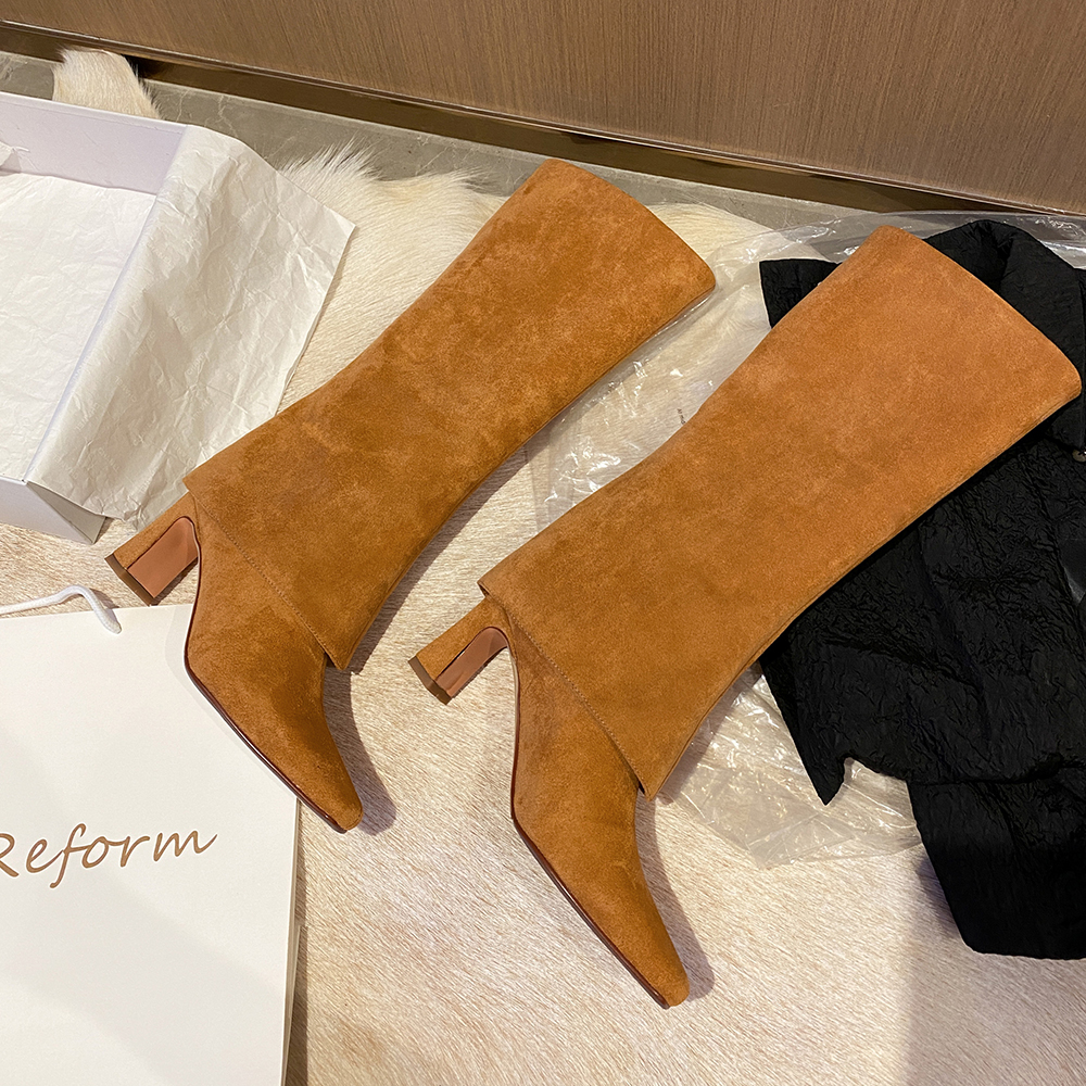 70mm Block Heel Mid-tube Fashion Boots Light Caramel Suede-vocosishoes